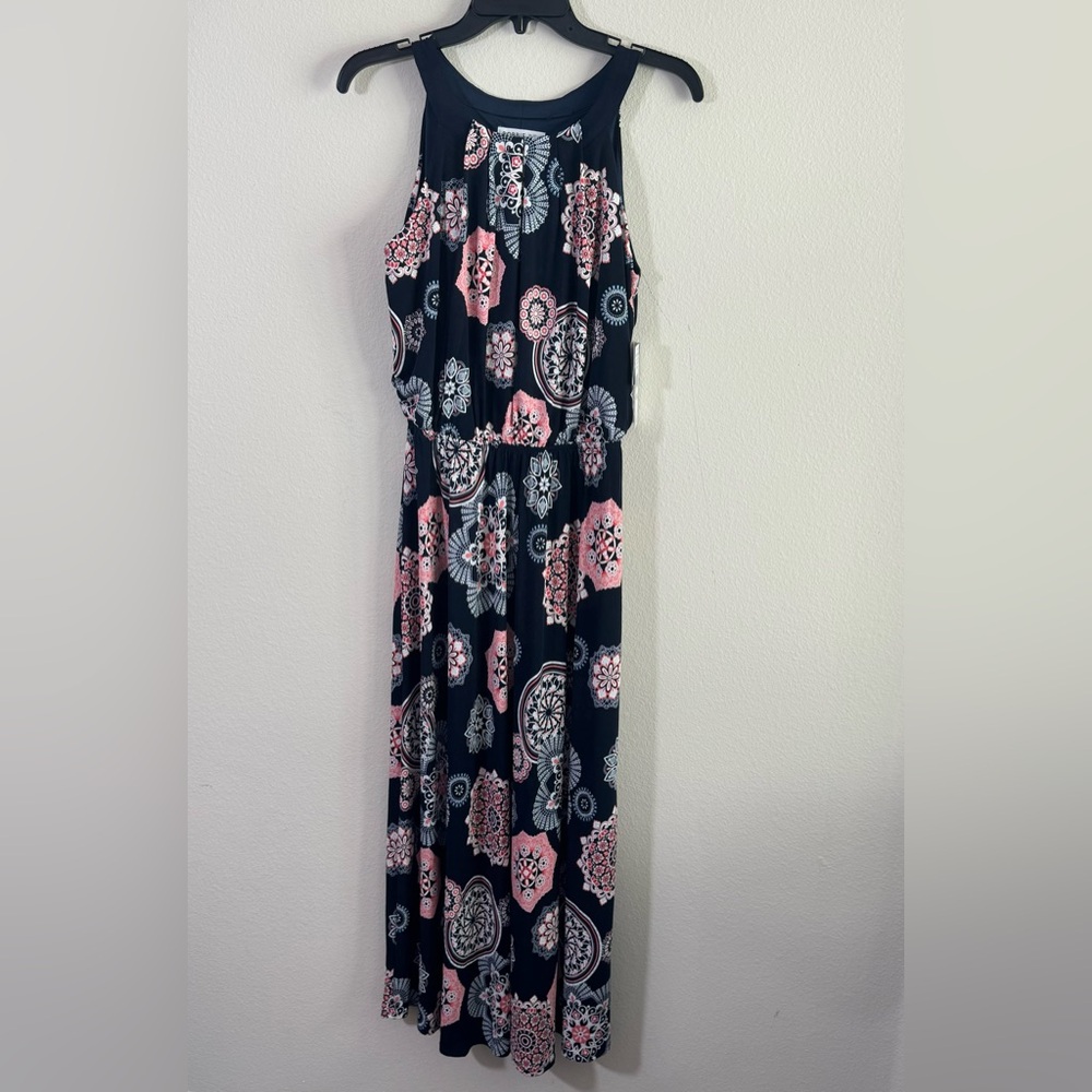 Robbie Bee women’s sleeveless medallion puff print maxi dress size small new